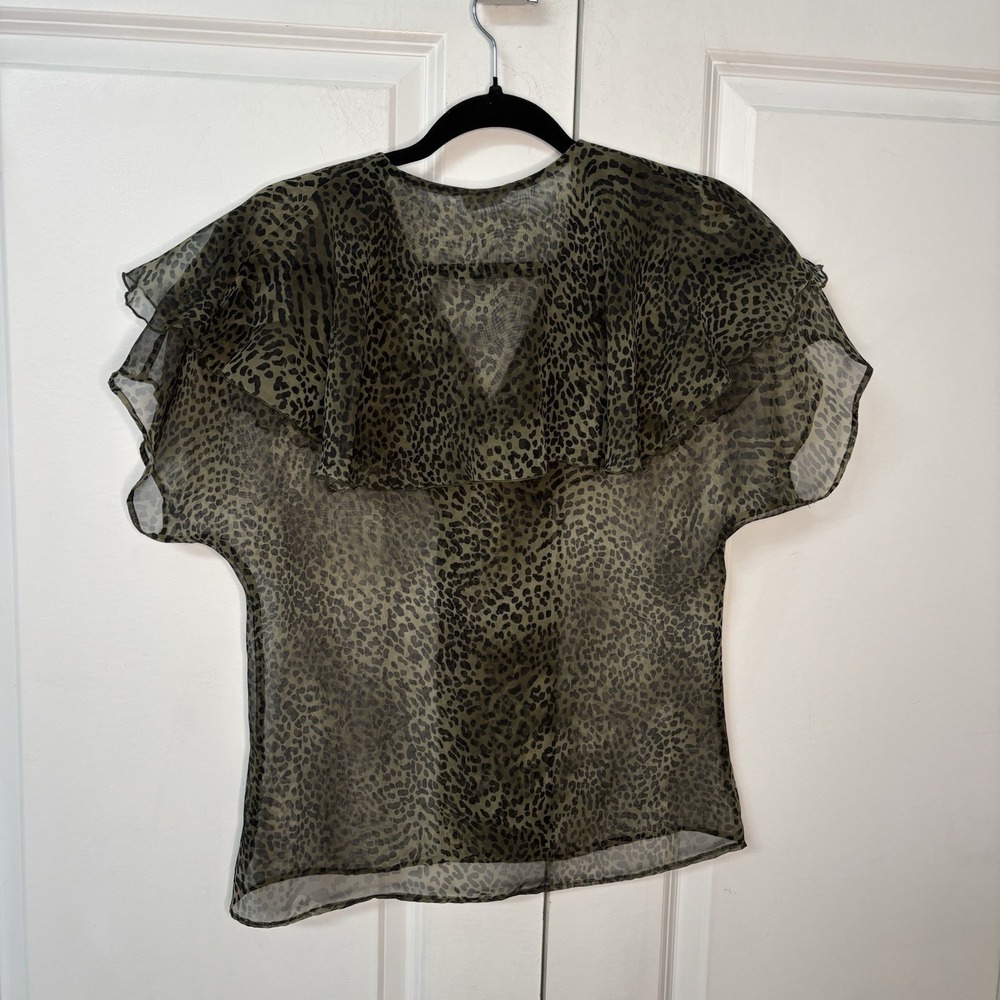 Vintage Elite Animal Print Oversized Collar Sheer Top Womens 8 Y2K Green 90s - Picture 5 of 8